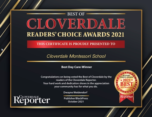 Readers' Choice Award 2021 certificate, Best Daycare Winner